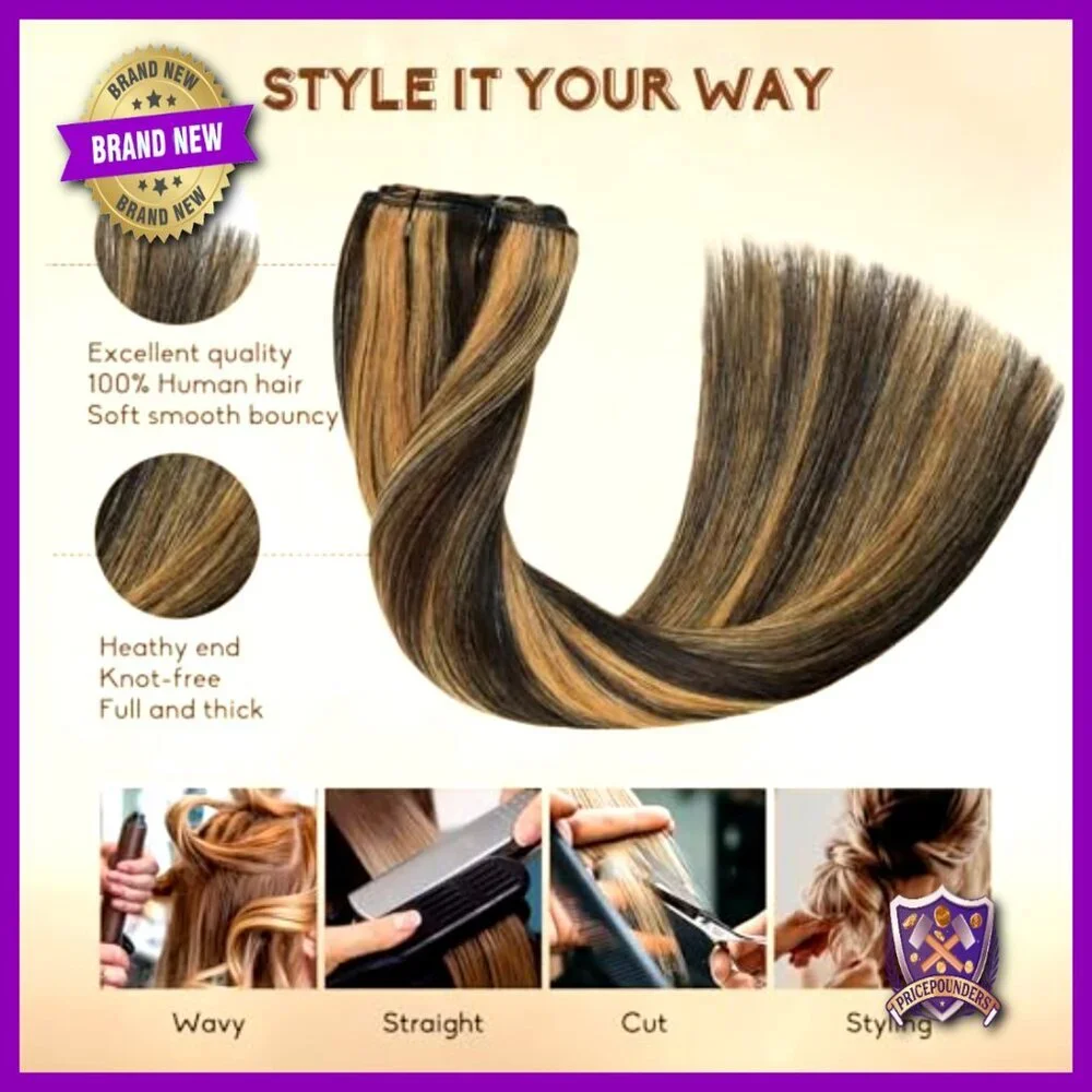 20 Inch Clip In Human Hair Extensions 8 Piece Set Seamless Balayage